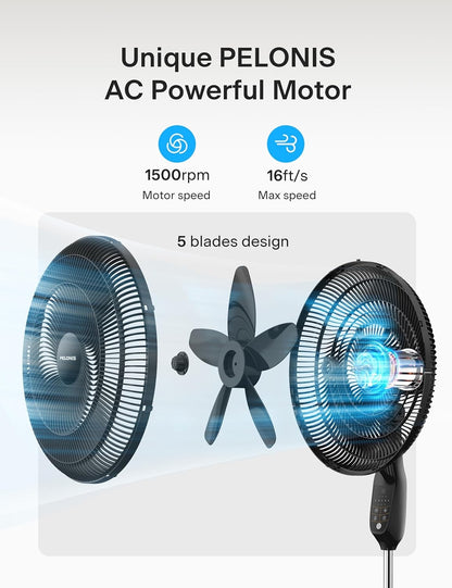 Pelonis PFS45A5BBB 18 inch 5-Blade Oscillating Fan, Adjustable Standing Pedestal Remote, LED Display, 5 Speed Setting and 7-Hour Timer Fan, Black