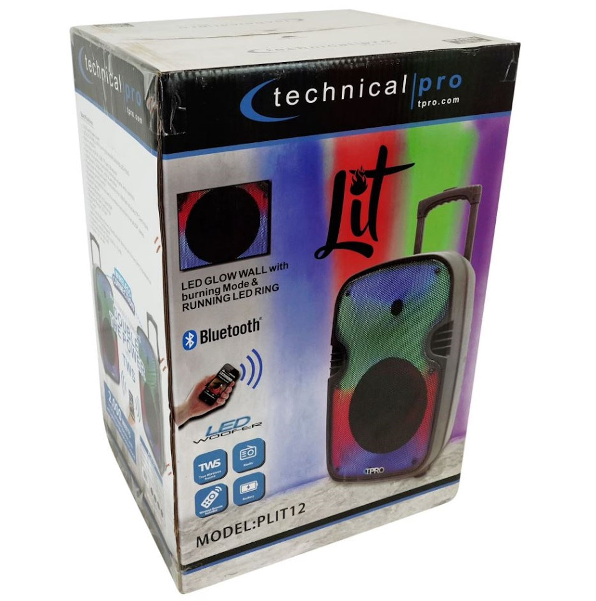 Technical Pro Rechargeable 12" Two way Bluetooth Loudspeaker with LED Glow Wall PLIT12