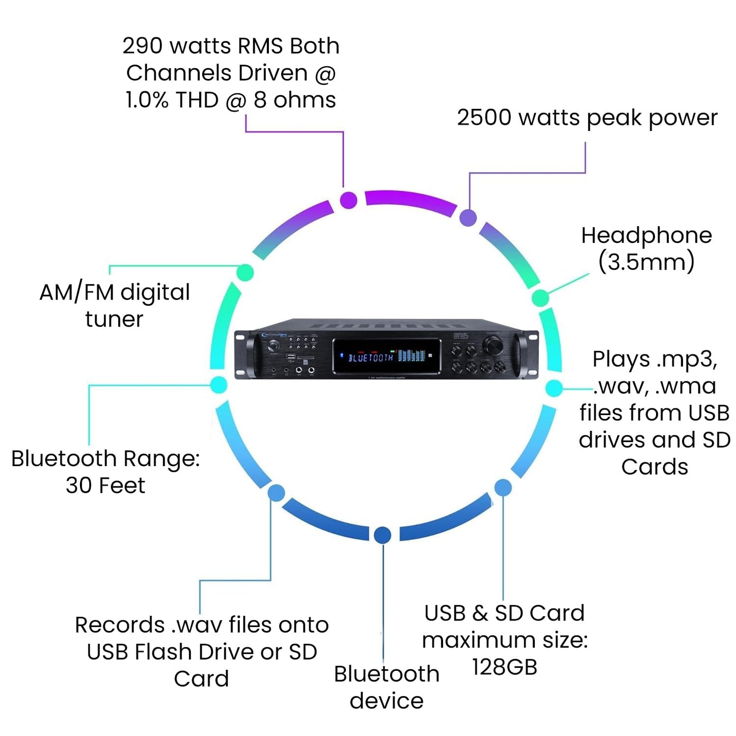Technical Pro 2500 Watts Digital Hybrid Amplifier, Preamp/Tuner with USB and SD Inputs H2502URBT