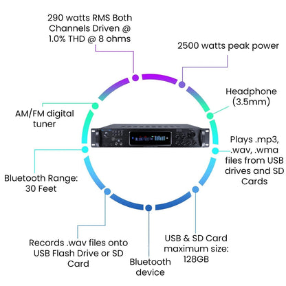 Technical Pro 2500 Watts Digital Hybrid Amplifier, Preamp/Tuner with USB and SD Inputs H2502URBT