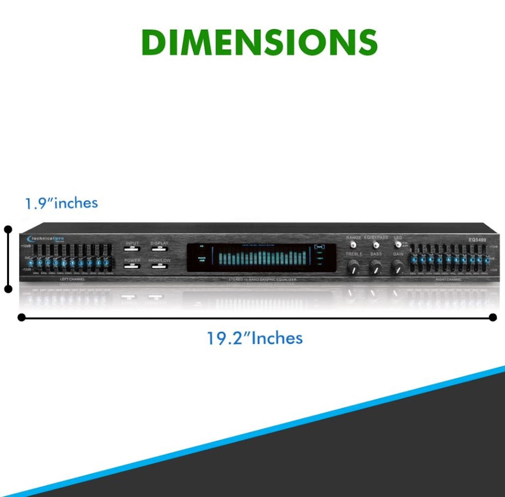 Technical Pro EQ5400 Professional Dual 10-Band Graphic Equalizer with LED Indicators, RCA Inputs & Rack Mount
