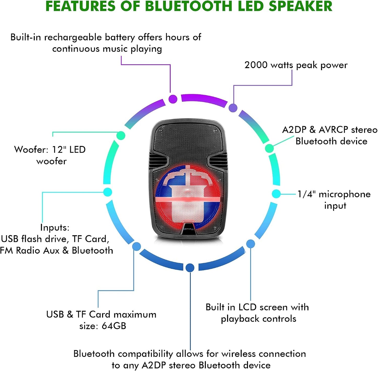 Technical Pro FLAG12DR 12" Rechargeable Bluetooth LED Party Speaker with Dominican Republic Flag