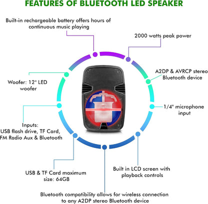 Technical Pro FLAG12DR 12" Rechargeable Bluetooth LED Party Speaker with Dominican Republic Flag