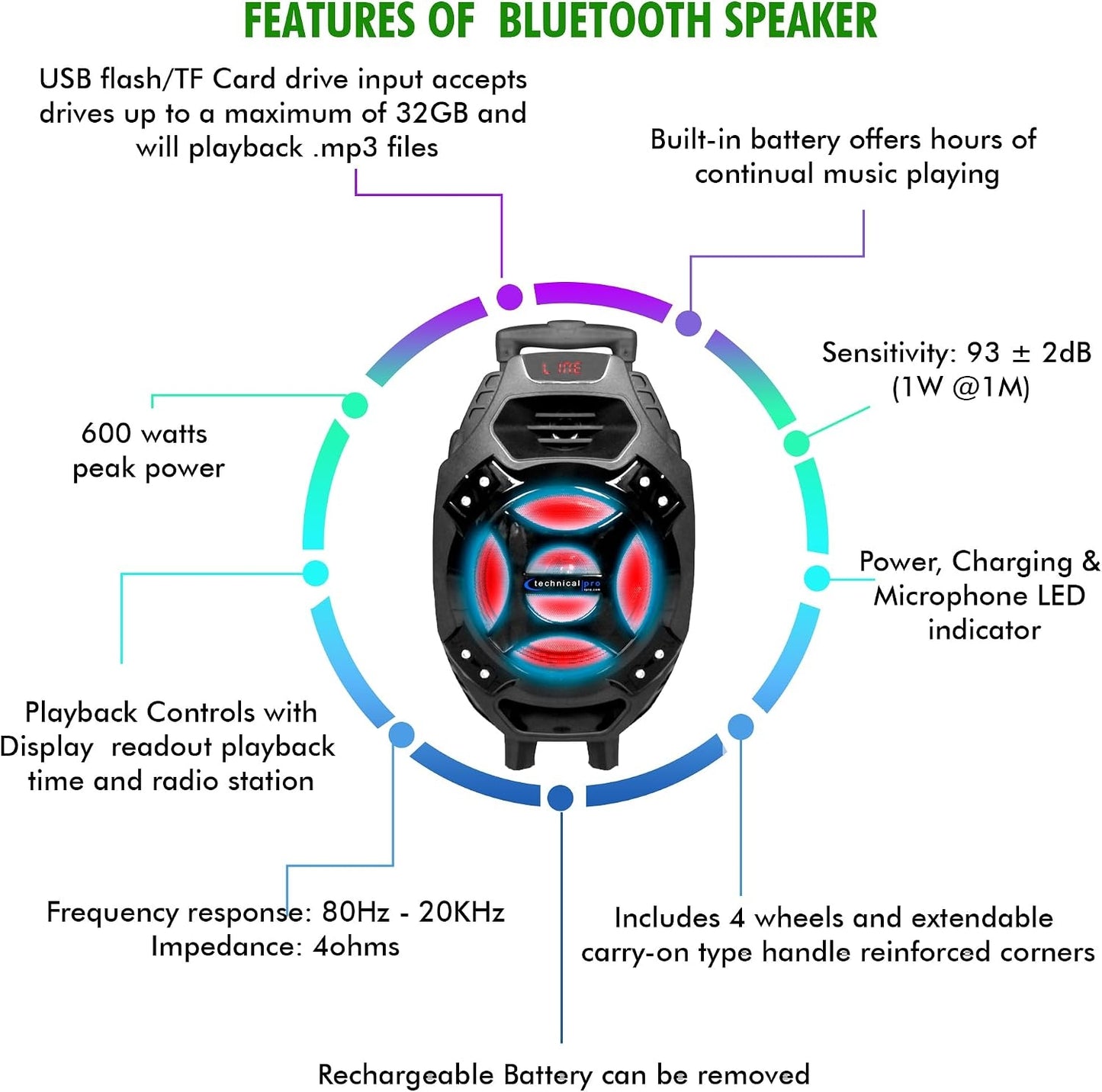Technical Pro CALLE7 Rechargeable Bluetooth Party Speaker with 8-Inch LED Woofer