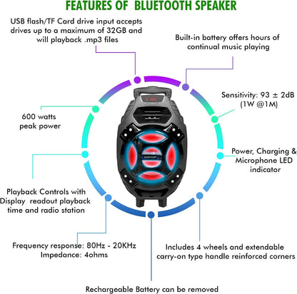 Technical Pro CALLE7 Rechargeable Bluetooth Party Speaker with 8-Inch LED Woofer