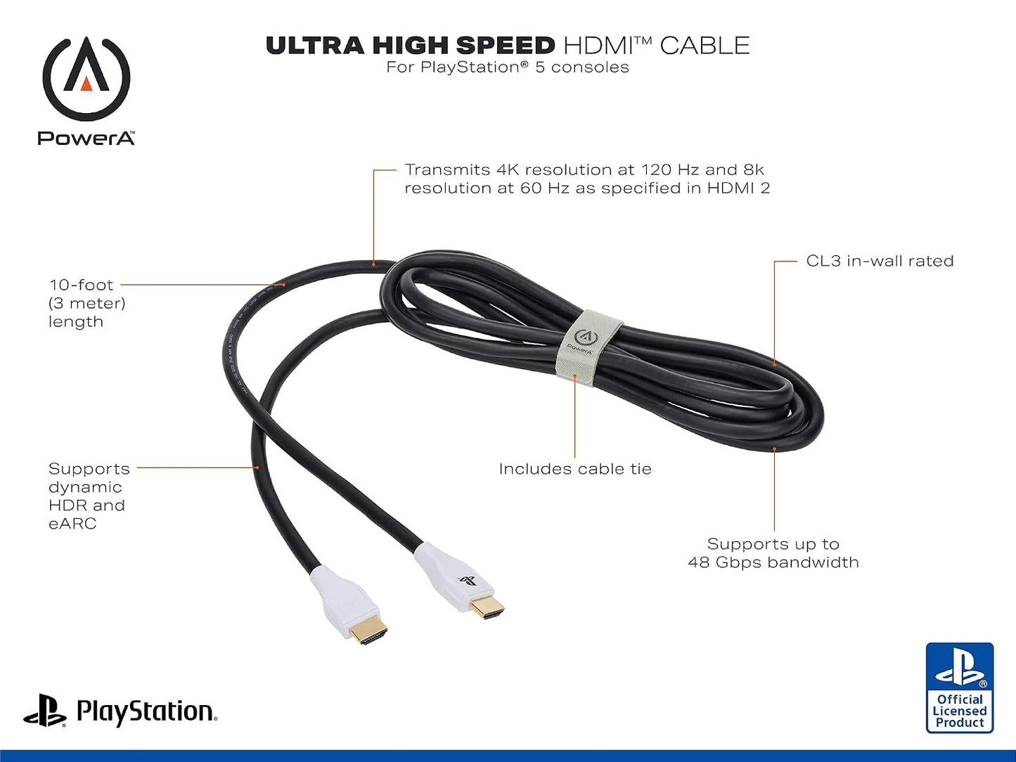 PowerA Ultra High Speed HDMI Cable for PlayStation 5, Cable, HDMI 2.1, PS5, Officially Licensed 1520481-01