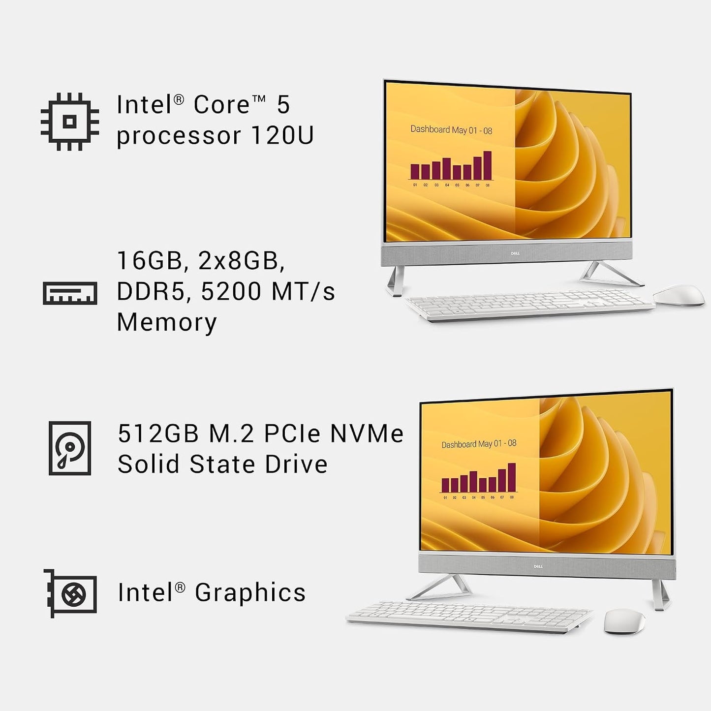 Dell 27" All-in-One Desktop, Intel Core 5 120U, 512GB/16GB, Win 11 Home, Keyboard & Mouse, EC27250