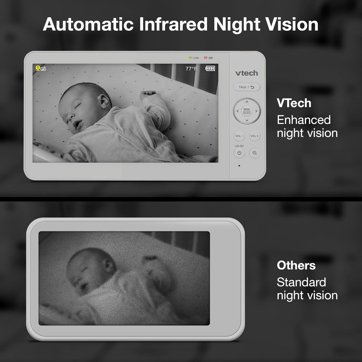 VTech Baby Monitor No Wi-Fi, 2 Cameras, 7" IPS Split Screen, 5000mAh 12Hr Battery, 360° PTZ, 4X Zoom, Night Vision