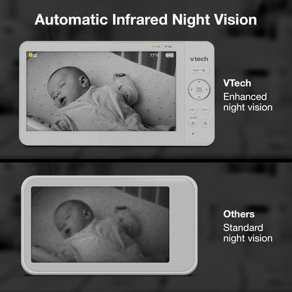 VTech Baby Monitor No Wi-Fi, 2 Cameras, 7" IPS Split Screen, 5000mAh 12Hr Battery, 360° PTZ, 4X Zoom, Night Vision