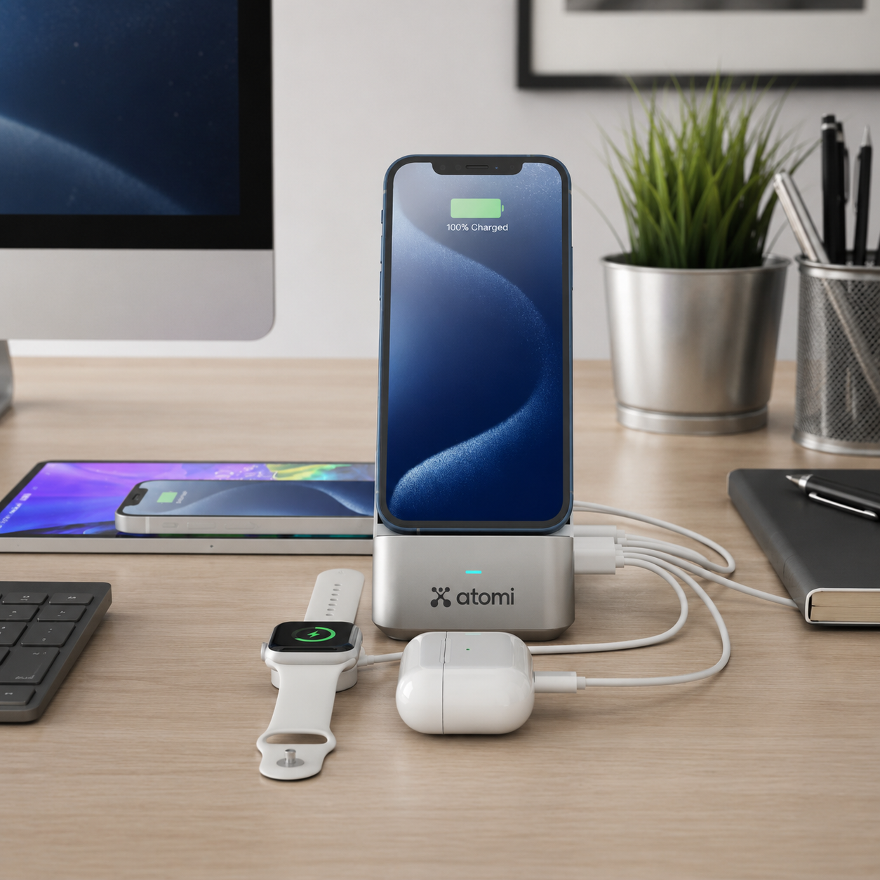 Atomi 55W Multi port charging station Qi, 20W PD port, 2x USB-C ports, 2x USB-A ports - AT1705-55W