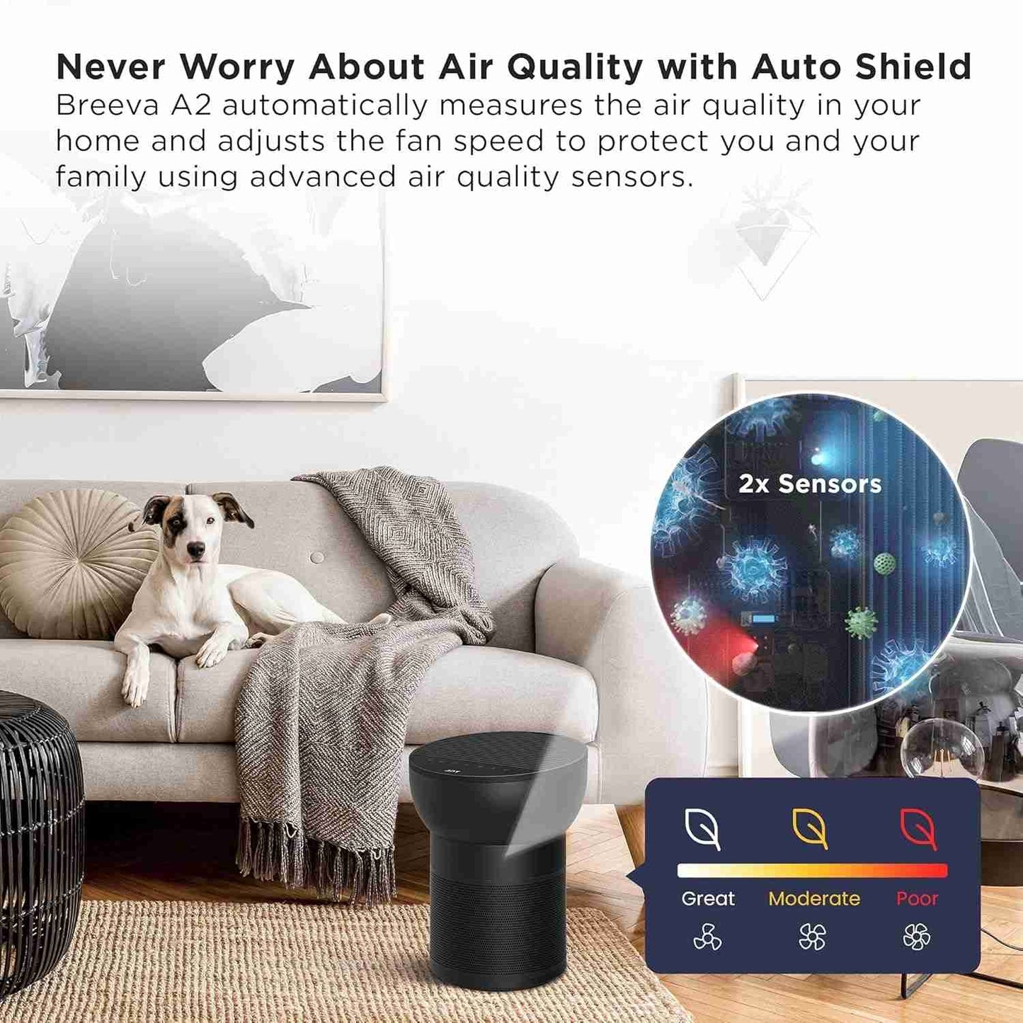 TCL Breeva A2 Wi-Fi Smart Air Purifier and Humidifier, Up to 882 Sq Ft, 4-Stage True HEPA (H13), Removes 99.97% of Dust/Bacteria/Odors & More, App & Voice Control, Auto Shield, Quiet, Black