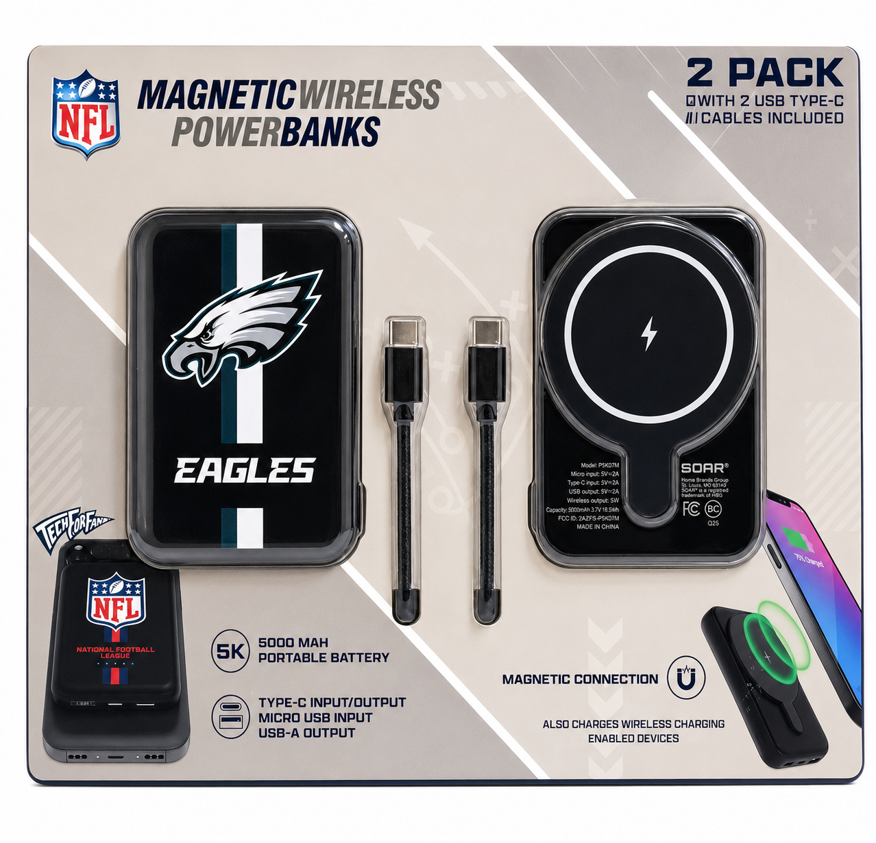 Soar NFL Wireless Charging Magnetic Power Bank 2-Pack 5000 mAh capacity (Eagles)