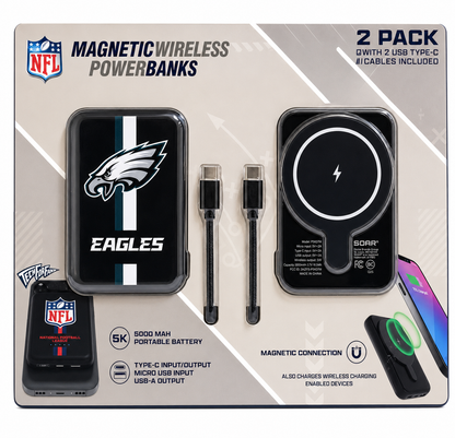 Soar NFL Wireless Charging Magnetic Power Bank 2-Pack 5000 mAh capacity (Eagles)