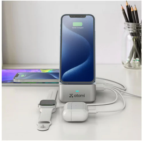 Atomi 55W Multi port charging station Qi - 20W PD port, dual USB-C ports, and dual smart USB-A ports, Supported for charging your Smartphones, Earphones, or Smart watches simultaneously -  AT1705-55W