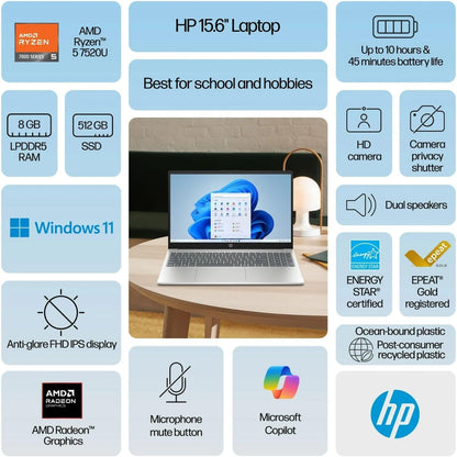 HP 15.6” Full HD Laptop AMD Ryzen 5 7520U 8GB RAM 512GB SSD Windows 11 Home B5TH5UA