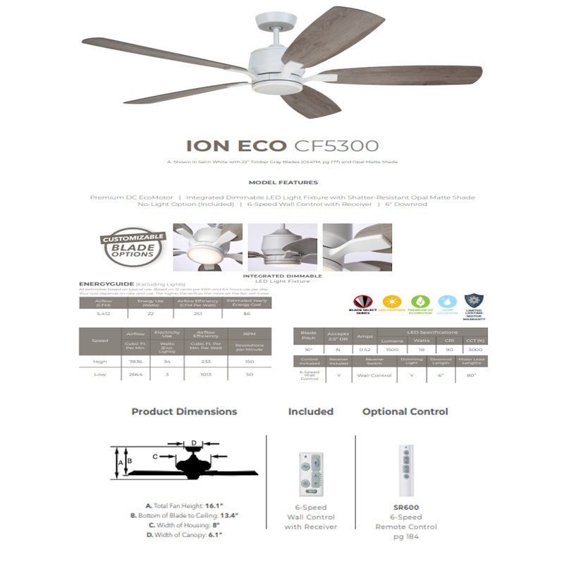 Luminance Kathy Ireland Home Ion Eco LED 54in Ceiling Fan with DC Motor | Hanging Fixture with Dimmable Light Kit, Wall Control, and Downrod Mount | , Satin White with Timber Grey Blades