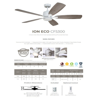 Luminance Kathy Ireland Home Ion Eco LED 72in Ceiling Fan with DC Motor | Hanging Fixture with Dimmable Light Kit, Wall Control, and Downrod Mount | , Satin White with Timber Grey Blades