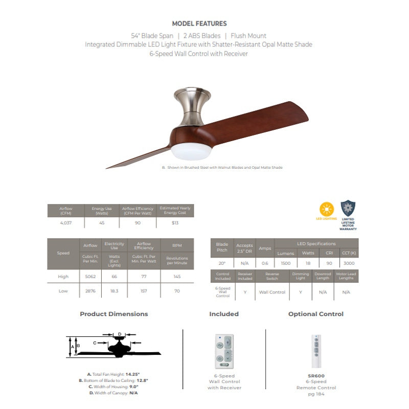 Emerson Duo 54" Flush Mount Brushed Steel Ceiling Fan LED Light - Walnut Blades CF560BS
