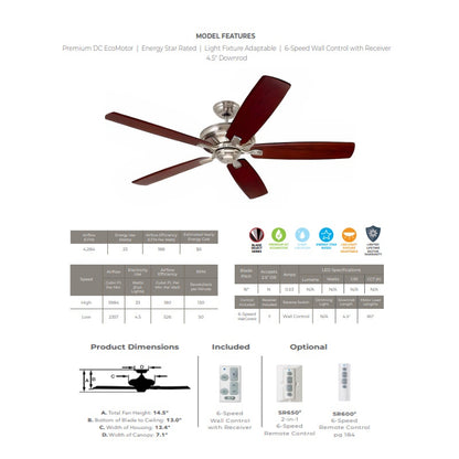 Luminance kathy ireland HOME Carrera Grande Eco 72" Ceiling Fan Fixture Brushed Steel with Walnut Blades, 6-Speed Wall Control and Downrod | Energy Star Rated Motor | Light Kit Adaptable