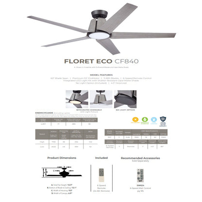 Emerson Floret Eco 60" Outdoor Damp Graphite Ceiling Fan LED Light Driftwood Blades CF840GRT
