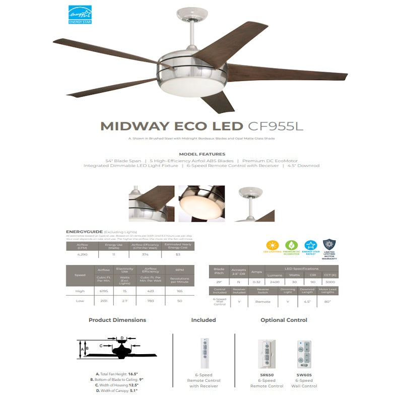 Emerson CF955LBS Midway Eco 54" Ceiling Fan LED Lights & Remote, Midnight Bordeaux
