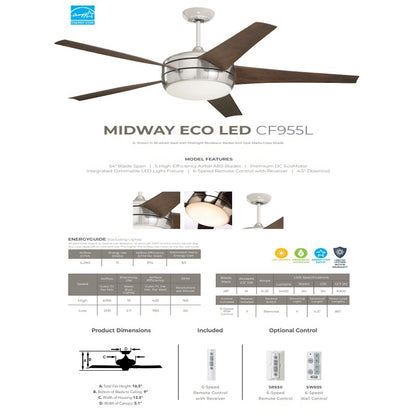Emerson CF955LBS Midway Eco 54" Ceiling Fan LED Lights & Remote, Midnight Bordeaux