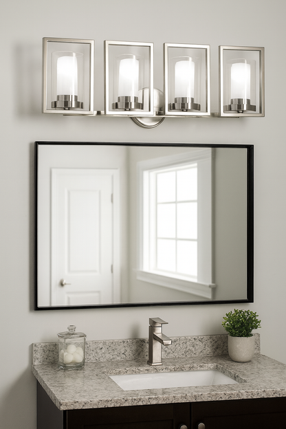 Sunset Lighting F15004-80 Prestige Four Light Wall Sconce - in Bright Satin Nickel, Glass, 4 Bulbs