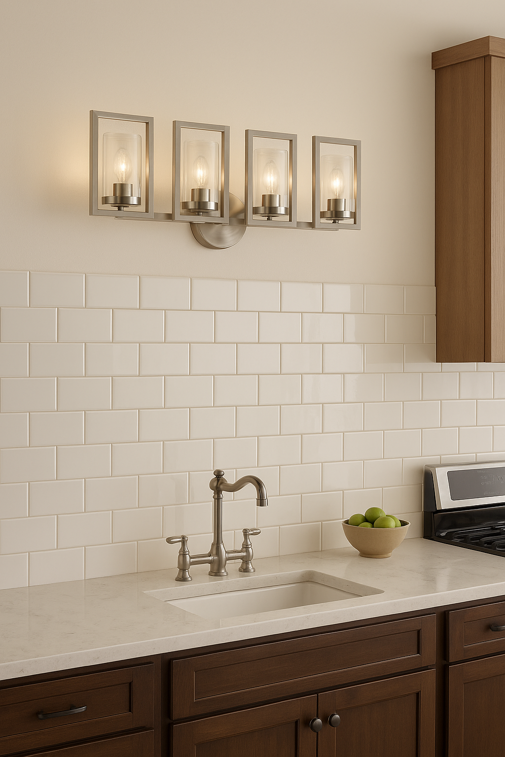 Sunset Lighting F15004-80 Prestige Four Light Wall Sconce - in Bright Satin Nickel, Glass, 4 Bulbs