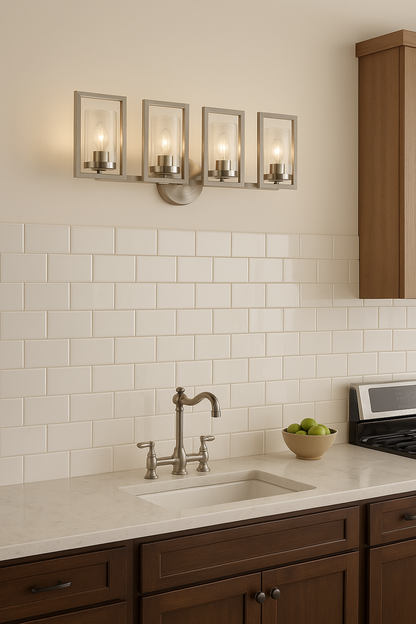 Sunset Lighting F15004-80 Prestige Four Light Wall Sconce - in Bright Satin Nickel, Glass, 4 Bulbs