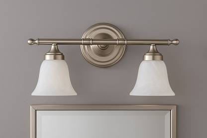 Sunset Lighting 2-Light Vanity w/ Faux Alabaster Glass Bright Satin Nickel Finish F3652-80