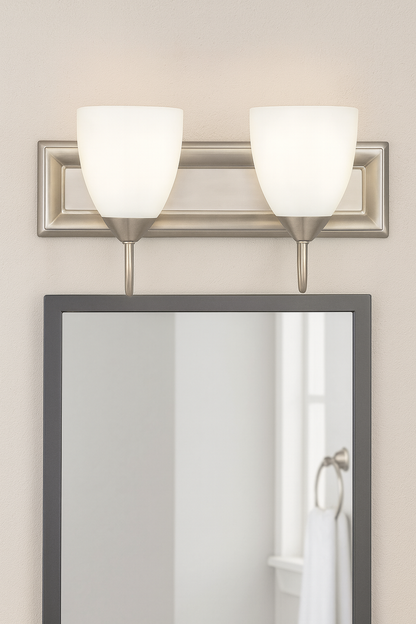 Sunset Lighting 2-Light Vanity 100W w/ Round Milk Glass, Satin Nickel Finish - F3622-53