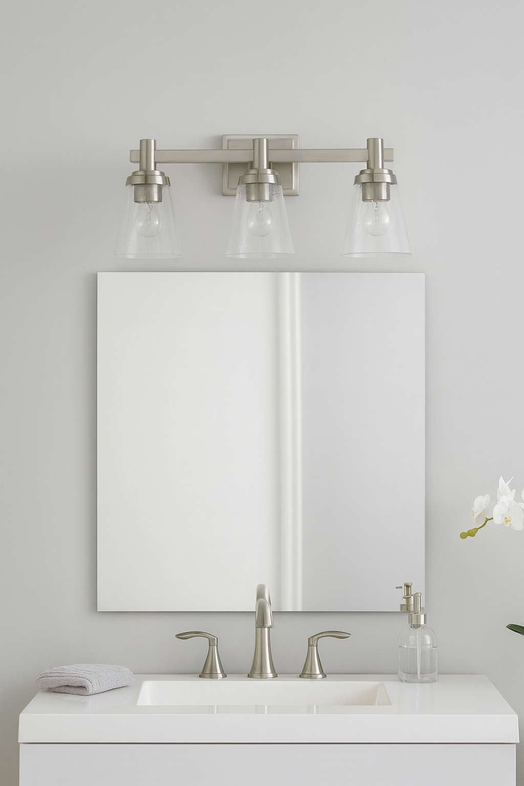 Sunset Lighting F24103-80 Riella 3Lt Mb Vanity With Clear Seeded Glass Bright Satin Nickel