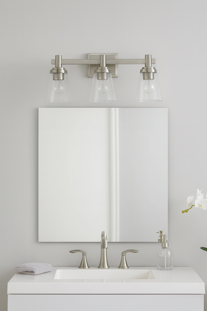 Sunset Lighting F24103-80 Riella 3Lt Mb Vanity With Clear Seeded Glass Bright Satin Nickel