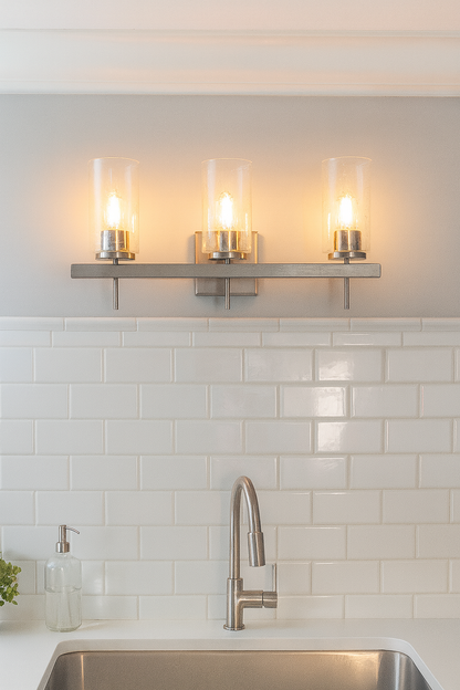 LUMINANCE 3-Light HALSTON VANITY TIMBER GREY /BRIGHT SATIN NICKEL F16203-81