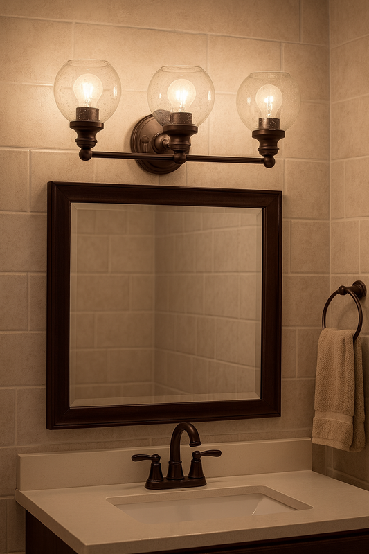 Sunset 3 Lt Vanity With Clear Seeded Glass Globe Shades - Provincial Bronze F29013-64