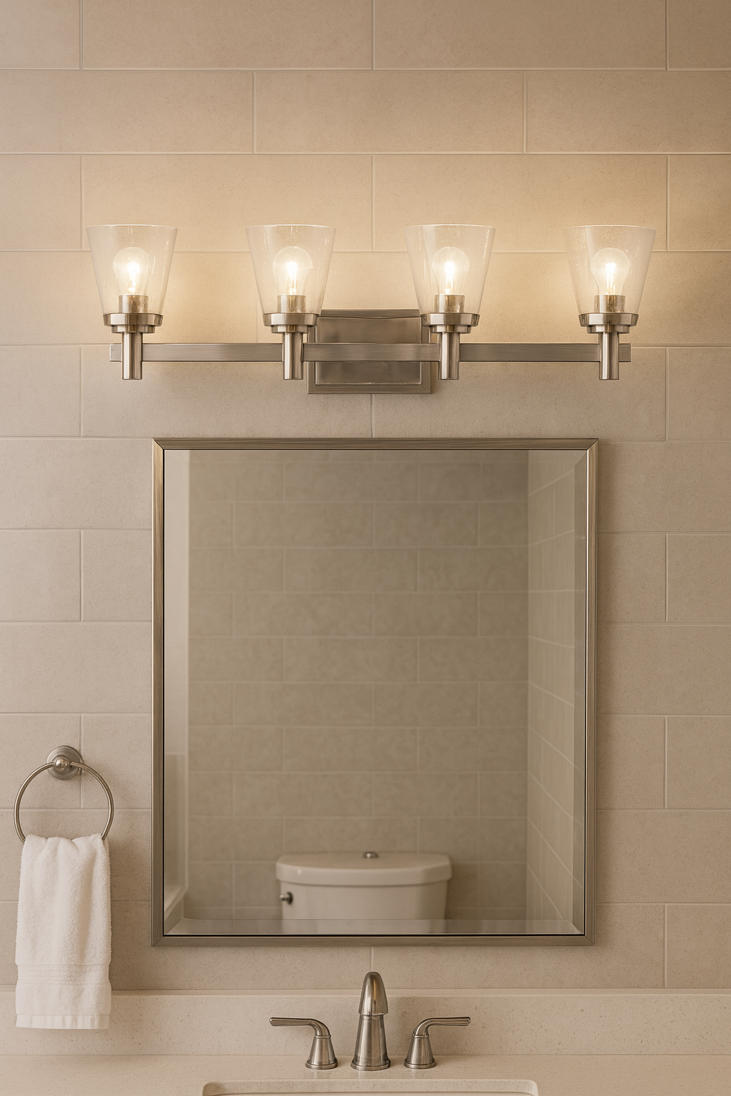 Sunset Lighting Riella 4-Light Mb Vanity Clear Seeded Glass Bright Satin Nickel F24104-80