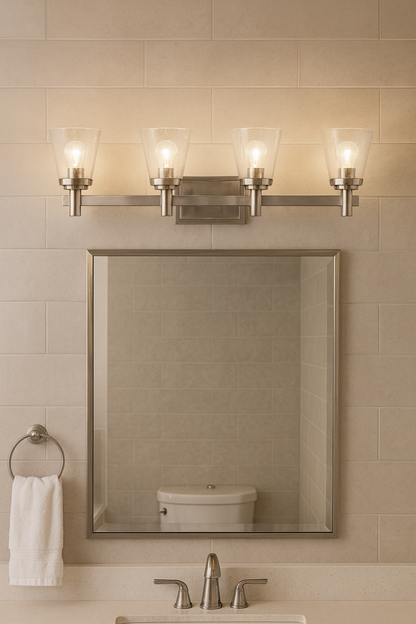 Sunset Lighting Riella 4-Light Mb Vanity Clear Seeded Glass Bright Satin Nickel F24104-80