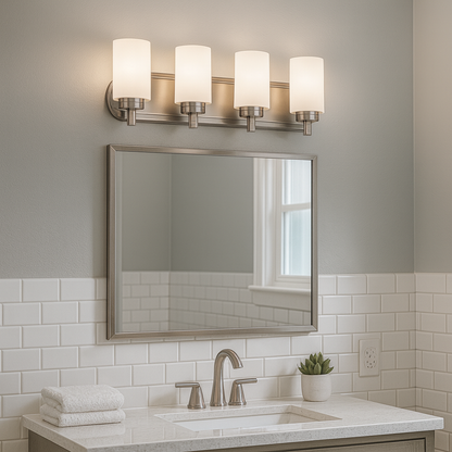 Sunset Lighting F18014-80 Dalton Four Light Vanity Opal Etched Glass, 100W, Bright Satin Nickel