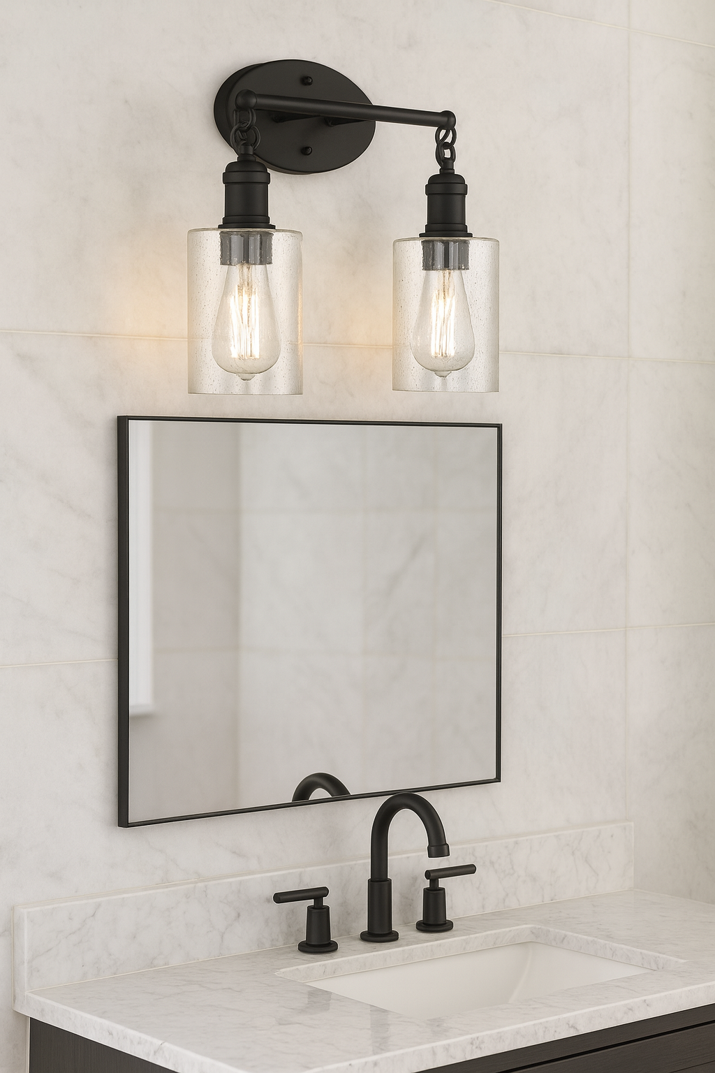 Sunset Lighting F6872-31 Clyde Vanity, Steel Round Glass Clear Seedy Matte Black Finish