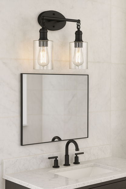 Sunset Lighting F6872-31 Clyde Vanity, Steel Round Glass Clear Seedy Matte Black Finish