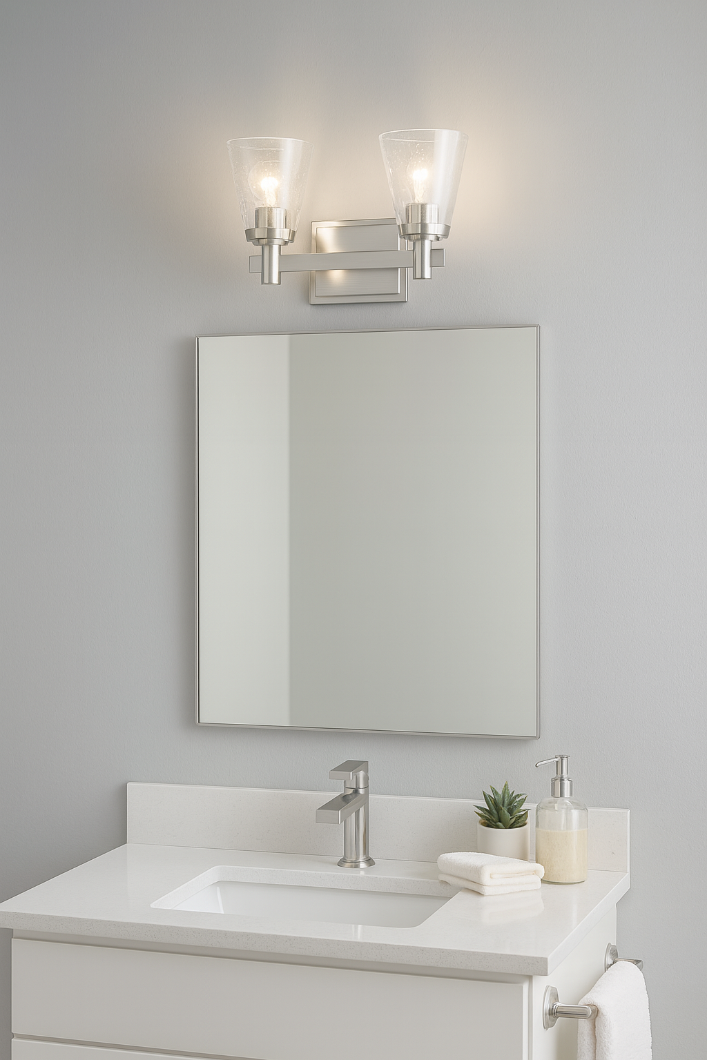 Sunset 2-Light Vanity Cone Shaped Clear Seeded Glass Shades Bright Satin Nickel F24102-80