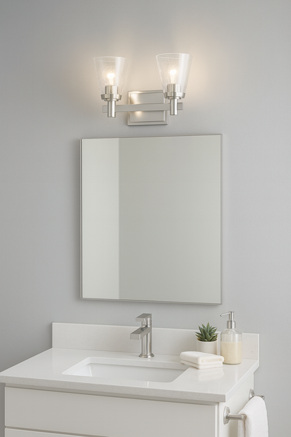 Sunset 2-Light Vanity Cone Shaped Clear Seeded Glass Shades Bright Satin Nickel F24102-80