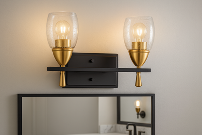 Luminance Kelston Black and Gold Bathroom Vanity Metal Wall Sconce with Clear Seeded Glass Shades 2 Lights F7532-23