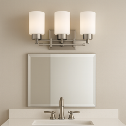 Sunset Lighting 3-Light Ledbury Vanity Opal Etched Glass, Dimmable w/ Bright Satin Nickel Finish - F3153-80