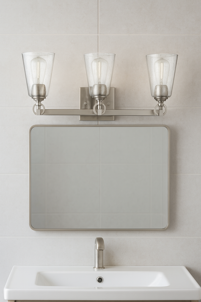 Sunset Lighting Arden 3-Light Vanity Clear Seedy Steel Round Glass 100W w/ Bright Satin Nickel Finish F7223-80