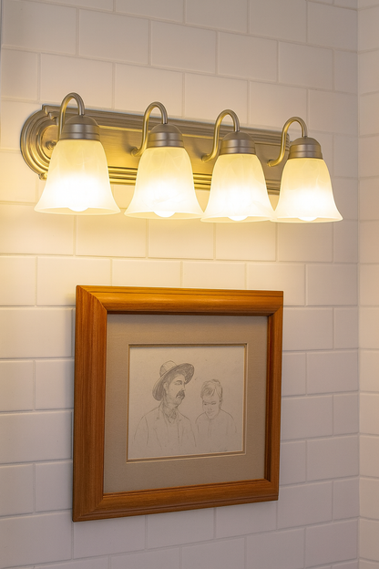 Sunset Lighting F3564-53 Four Light Bath Vanity, Satin Nickel Finish with Faux Alabaster Glass