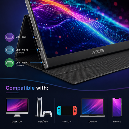 Lifelong 1920 x 1080 15.6" 1080P Portable Monitor G70-T - IPS, Built-In Speakers, 60Hz, HDMI & USB-C