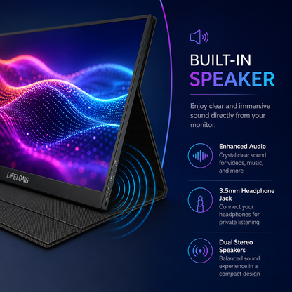 Lifelong 1920 x 1080 15.6" 1080P Portable Monitor G70-T - IPS, Built-In Speakers, 60Hz, HDMI & USB-C