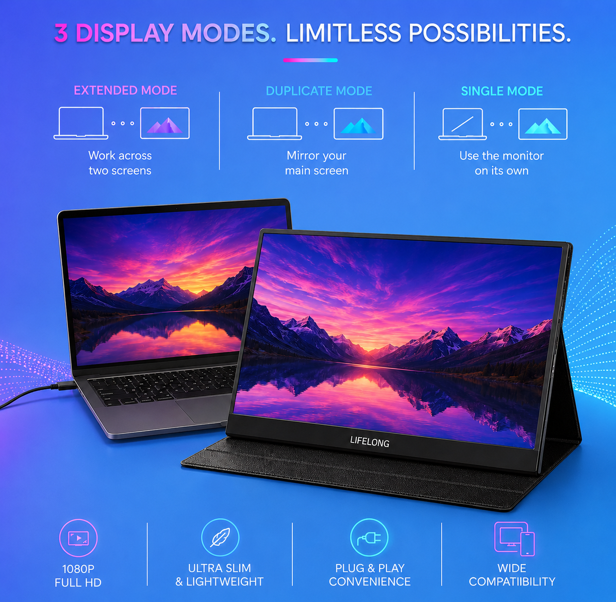 Lifelong 1920 x 1080 15.6" 1080P Portable Monitor G70-T - IPS, Built-In Speakers, 60Hz, HDMI & USB-C