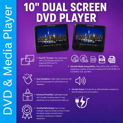 Proscan Elite 10.1" Dual Screen Portable CD DVD Media Player Black, SD Card slot, USB, 3.5mm Jack, For Car use Family Vacation or Travelling - PEDVD1082